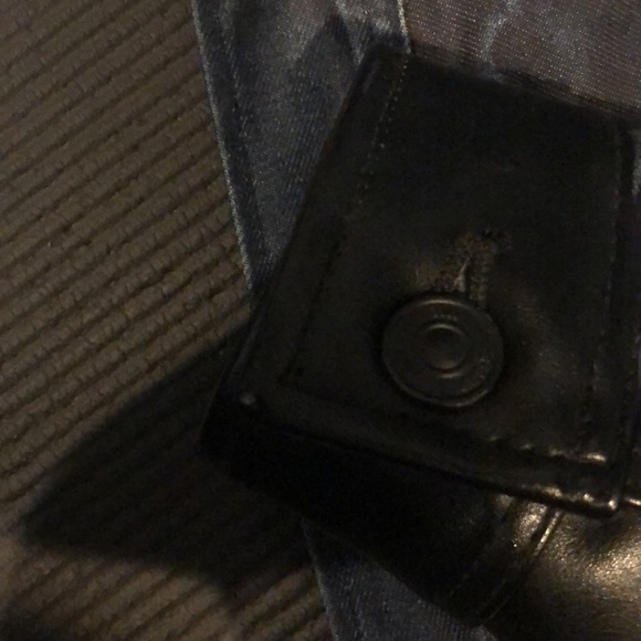 G-Star Raw Inked Denim Dark Blue Jean Jacket w/Authentic Leather Biker Sleeves - Picture 6 of 16